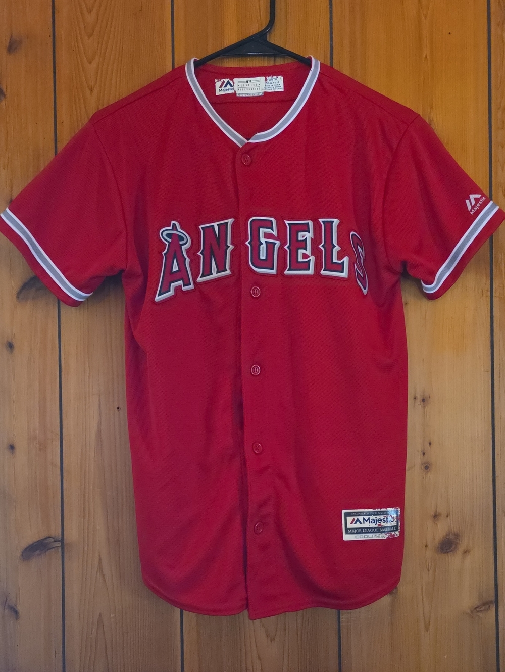 Majestic Red Angels Button-Front Baseball Jersey with White Trim